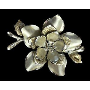 Coro Vintage Gold-Tone Floral Brooch With Glitter Accents & Rhinestone Center